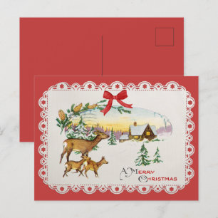 Vintage Christmas Cabin & Deer Holiday Postcard