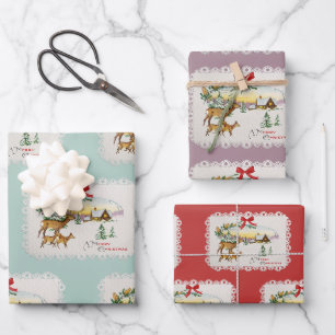 Vintage Christmas Cabin & Deer Wrapping Paper Sheet