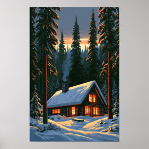Vintage Christmas Cabin in Snow Poster