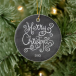 Vintage Christmas Calligraphy Chalkboard Photo Ceramic Tree Decoration<br><div class="desc">Vintage Merry Christmas Calligraphy Chalkboard double-sided tree ornament featuring your uploaded photo and custom text.  Easily add your name,  year and own text to create a beautiful holiday keepsake.</div>
