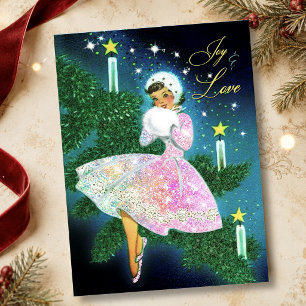 Vintage Christmas candle girl iridescent glitter Thank You Card