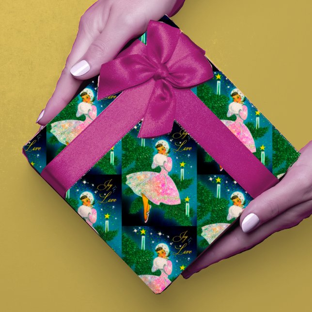 Vintage Christmas candle girl iridescent glitter Wrapping Paper (Creator Uploaded)