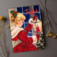 Vintage Christmas candle lamp red glitter girl