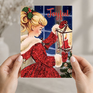 Vintage Christmas candle lamp red glitter girl  Invitation