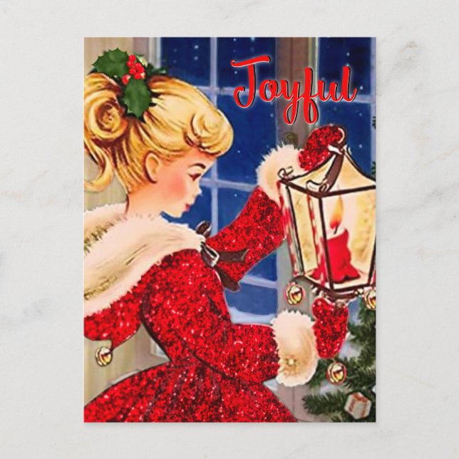 Vintage Christmas candle lamp red glitter girl Postcard (Front)