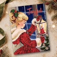 Vintage Christmas candle lamp red glitter girl