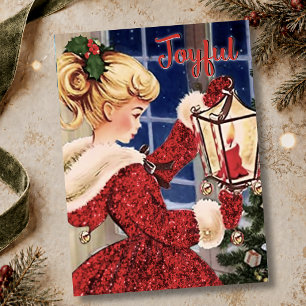 Vintage Christmas candle lamp red glitter girl Thank You Card