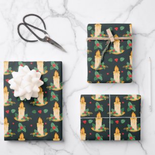 Vintage Christmas Candles Holly Pattern Wrapping Paper Sheet