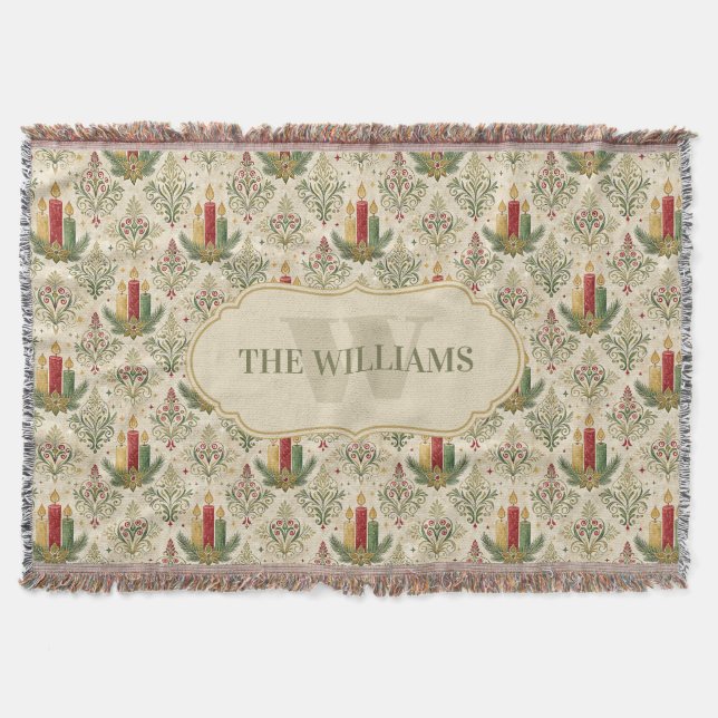 Vintage Christmas Candles & Ornaments Monogram Throw Blanket (Front)