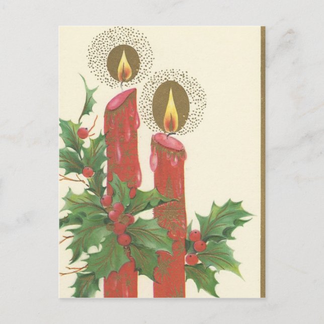 Vintage Christmas Candles With Holly Holiday Postcard (Front)