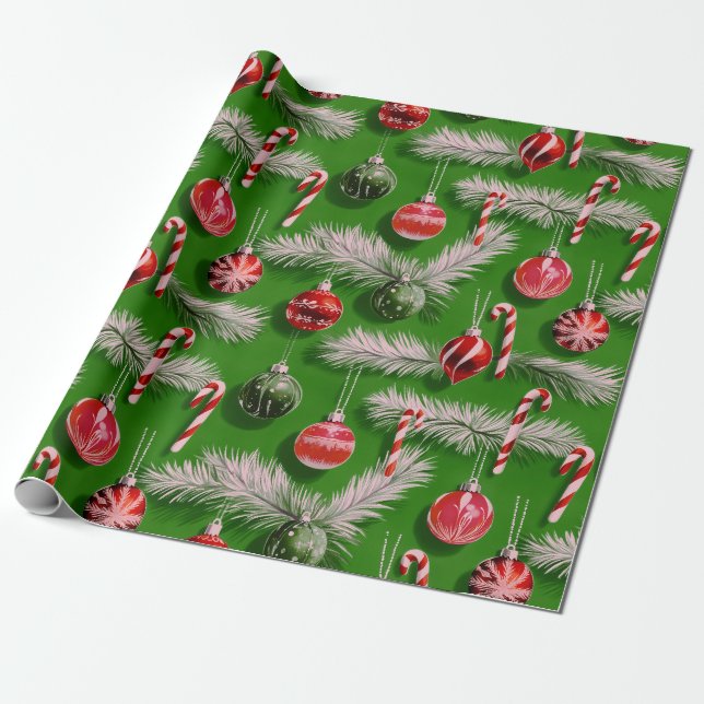 Vintage Christmas: Candy Canes & Ornaments Wrapping Paper (Unrolled)