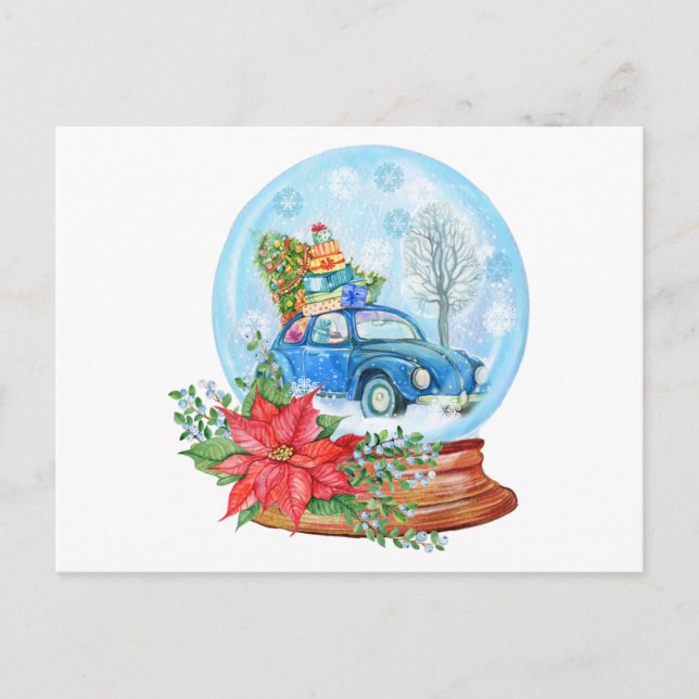 Vintage Christmas Car, Poinsettia Snow Globe Postcard (Front)