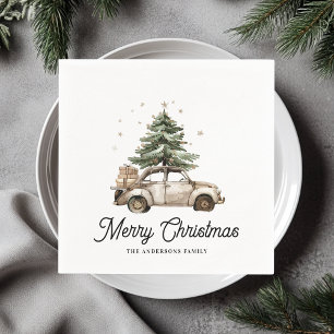Vintage Christmas Car Watercolor Tree Personalized Napkin