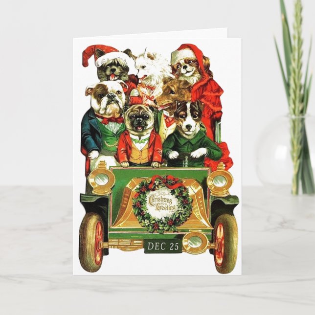 Vintage Christmas Car with Dogs Holiday Card (Front)