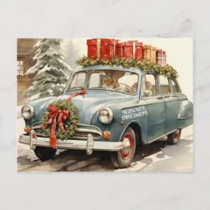 Vintage Christmas Car with Presents  Holiday Postcard