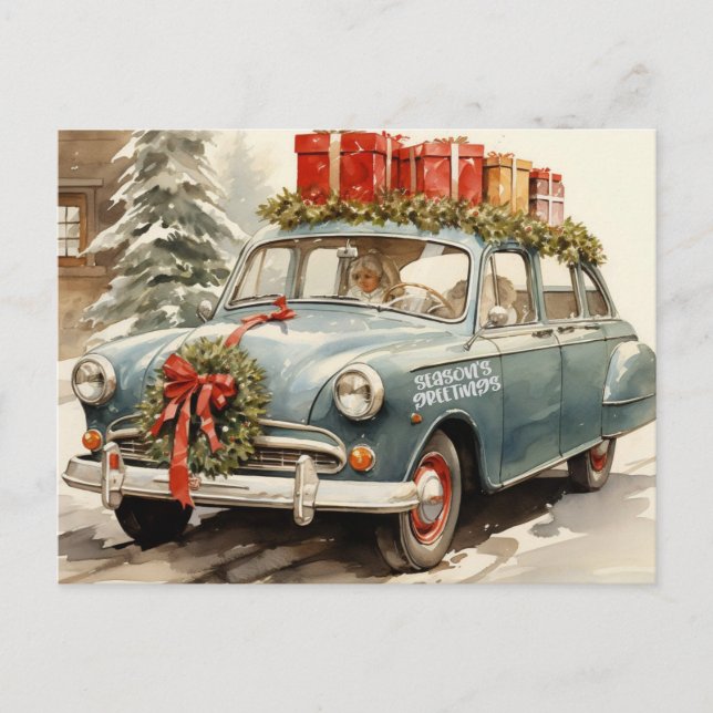 Vintage Christmas Car with Presents  Holiday Postcard (Front)