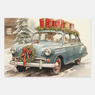Vintage Christmas Car with Presents Wrapping Paper Sheet