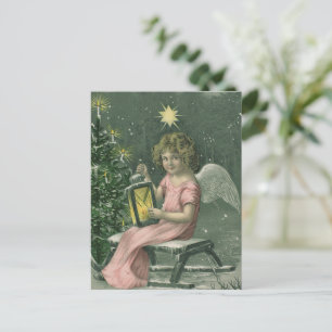 Vintage Christmas Card   Angel and Christmas Tree
