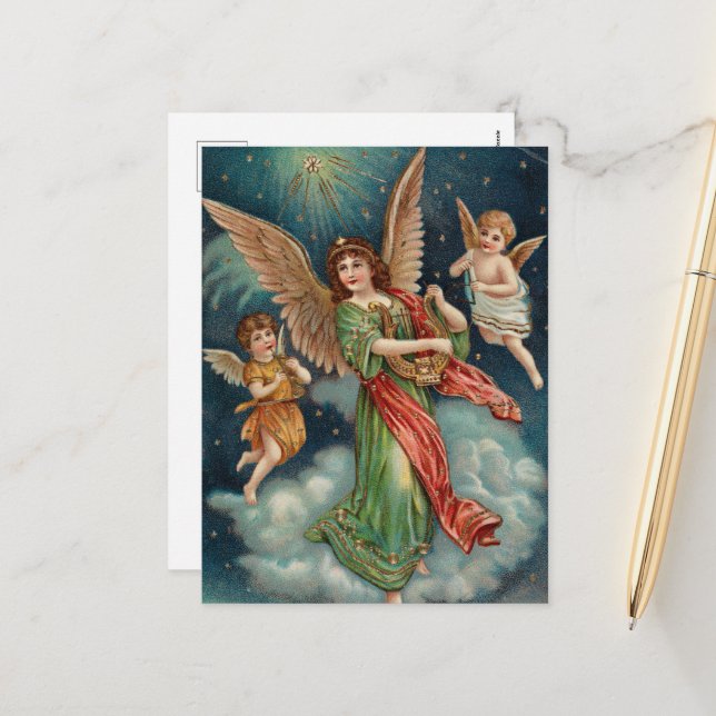 Vintage Christmas Card | Angels and Harp (Front/Back In Situ)