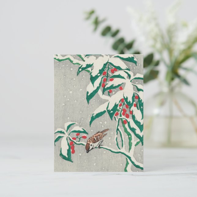 Vintage Christmas Card | Bird in Snow Holly (Standing Front)