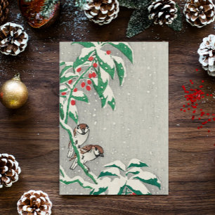 Vintage Christmas Card Birds in Snow Holly