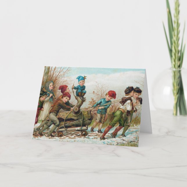 Vintage Christmas Card | Bringing home yule log (Front)