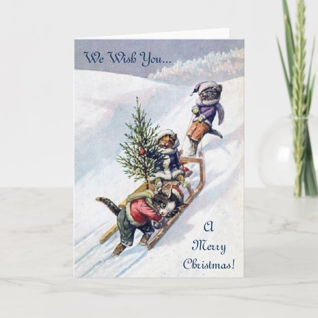 Vintage Christmas Card, Cats & Christmas Tree Holiday Card (Front)