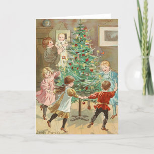 Vintage Christmas Card   Children Christmas tree