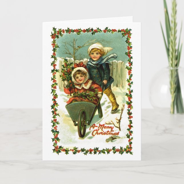 Vintage Christmas Card Children in Snow (Front)