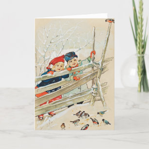 Vintage Christmas Card   Children in snow