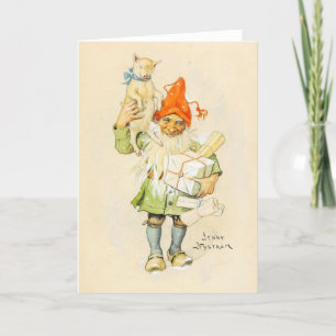 Vintage Christmas Card   Christmas Elf with Gifts
