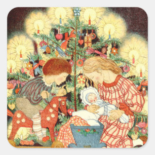 Vintage Christmas Card   Christmas Tree Children G Square Sticker