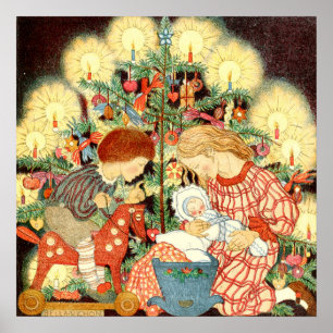 Vintage Christmas Card Christmas Tree Children Poster