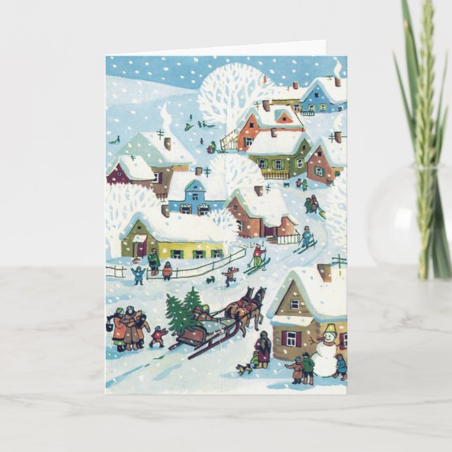Vintage Christmas Card | Cute Snowy Village (Front)