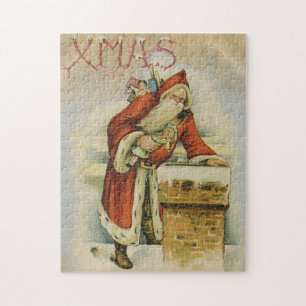 Vintage Christmas card, Father Christmas, Chimney Jigsaw Puzzle