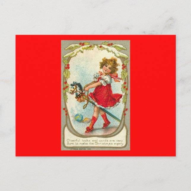 Vintage Christmas Card Girl Toy Horse Postcard (Front)