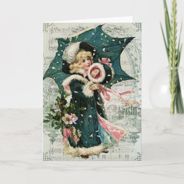 Vintage Christmas Card Girl with Umbrella (Front)