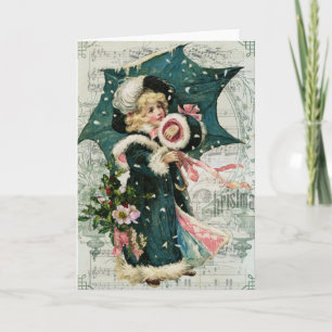Vintage Christmas Card Girl with Umbrella