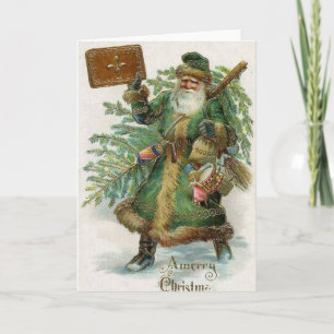Vintage Christmas Card   Green Santa