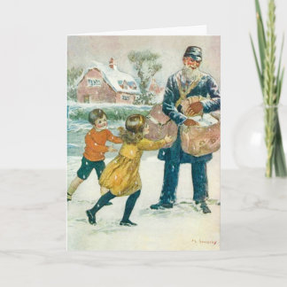 Vintage Christmas Card, Postman & kids, Customise Holiday Card