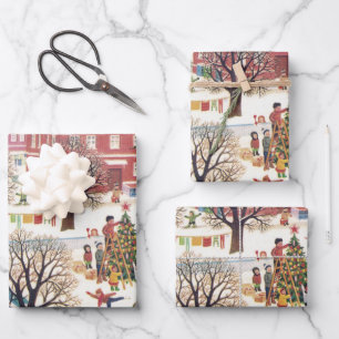Vintage Christmas Card Retro Snowy Village Wrapping Paper Sheet