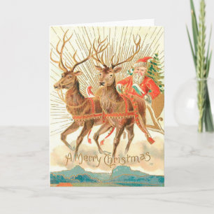 Vintage Christmas Card   Santa and his reindeers