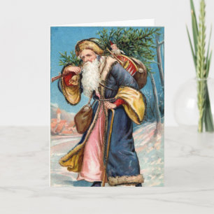 Vintage Christmas Card Santa carrying a Tree