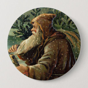 Vintage Christmas Card, Santa Claus and Tree 10 Cm Round Badge