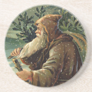 Vintage Christmas Card, Santa Claus and Tree Coaster