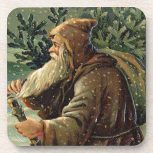 Vintage Christmas Card, Santa Claus and Tree Coaster