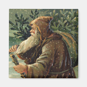 Vintage Christmas Card, Santa Claus and Tree Magnet