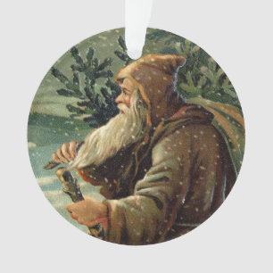 =Vintage Christmas Card, Santa Claus and Tree Ornament