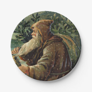 =Vintage Christmas Card, Santa Claus and Tree Paper Plate