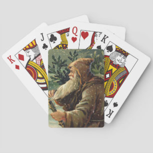 Vintage Christmas Card, Santa Claus and Tree Playing Cards